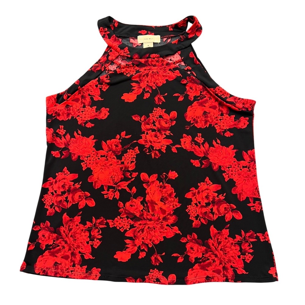 Diana Belle Floral Halter‎ Top Womens Medium Black Red Rose Print Sleeveless